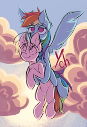 Size: 2403x3512 | Tagged: safe, artist:twi_sfw, rainbow dash, oc, pegasus, unicorn, auction, auction open, cloud, commission, duo, flying, horn, looking at each other, looking at someone, outdoors, sketch, smiling, smiling at each other, sunset, ych sketch, your character here