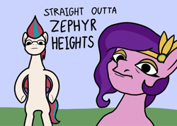 Size: 2048x1467 | Tagged: safe, artist:ewoudcponies, pipp petals, zipp storm, pegasus, pony, g5, bipedal, duo, duo female, female, looking at you, mare, royal sisters (g5), siblings, sisters, straight outta compton, text