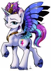 Size: 1636x2261 | Tagged: safe, artist:dormin-dim, zipp storm, alicorn, pony, g5, alicornified, butt, colored wings, concave belly, crown, eyebrows, featureless crotch, gradient wings, horn, jewelry, lidded eyes, looking at you, multicolored wings, peytral, plot, race swap, raised tail, regalia, short tail, simple background, slender, solo, spread wings, standing on two hooves, tail, thin, turned head, underhoof, white background, wings, zippbutt, zippcorn