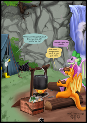 Size: 1447x2047 | Tagged: safe, artist:mik3thestrange, gabby, smolder, spike, dragon, griffon, comic:campers delight, g4, bait and switch, campfire, camping, cooking pot, dialogue, dragoness, eating, female, fire, food, male, meat, older, older spike, outdoors, ship:spabby, ship:spolder, shipping, speech bubble, straight, subversion, trio, water, waterfall, winged spike, wings