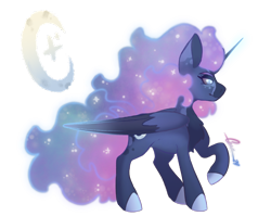 Size: 2243x1783 | Tagged: safe, artist:trashpanda czar, princess luna, alicorn, mlp fim's fourteenth anniversary, g4, chest fluff, coat markings, colored sclera, concave belly, cutie mark, ear fluff, ethereal mane, eyebrows, eyelashes, female, flowing mane, folded wings, glowing, glowing eyes, glowing horn, horn, mare, moon, raised hoof, signature, simple background, starry mane, stars, transparent background, wings