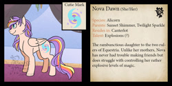 Size: 1250x625 | Tagged: safe, artist:overlordneon, oc, oc only, oc:nova dawn, alicorn, pony, bio, concave belly, female, magical lesbian spawn, mare, offspring, parent:sunset shimmer, parent:twilight sparkle, parents:sunsetsparkle, smiling, solo, text