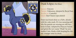 Size: 1250x625 | Tagged: safe, artist:overlordneon, oc, oc only, oc:dusk eclipse, pony, unicorn, adopted offspring, bio, horn, male, parent:sunset shimmer, parent:twilight sparkle, parents:sunsetsparkle, solo, stallion, text