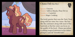 Size: 1250x625 | Tagged: safe, artist:overlordneon, oc, oc only, oc:chana dal, pony, unicorn, bio, female, horn, magical lesbian spawn, mare, offspring, parent:fleur-de-lis, parent:saffron masala, smiling, solo, text