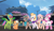 Size: 1864x1080 | Tagged: safe, artist:prixy05, edit, luminous dazzle, peach fizz, earth pony, pegasus, pony, unicorn, g5, my little pony: tell your tale, apron, bag, bailey (wild manes), bow, bridge, candi (wild manes), cherry blossoms, clothes, coat markings, cocoa (wild manes), coffee cup, crossover, cup, drink, drinking, female, finley (wild manes), flower, flower blossom, grin, group, horn, houses, japan, looking at you, mare, neck bow, outdoors, pale belly, pippsqueaks, ponified, river, saddle bag, satchel, sextet, shadow fight 3, showing teeth, sky, smiling, smiling at you, smoothie, socks (coat markings), spread wings, straw, sunglasses, tail, tail bow, visor cap, water, whistle, whistle necklace, wild manes, wings