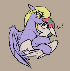 Size: 808x826 | Tagged: safe, artist:sleepyhoers, blossomforth, cloud kicker, pegasus, pony, fanfic:the life and times of a winning pony, winningverse, g4, blushing, duo, eye contact, female, hug, lesbian, looking at each other, looking at someone, mare, ship:cloudforth, shipping, simple background, unshorn fetlocks, wings