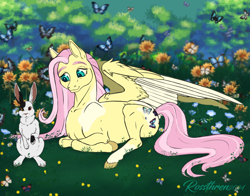 Size: 1462x1149 | Tagged: safe, artist:rossthren, angel bunny, fluttershy, butterfly, pegasus, pony, rabbit, g4, alternate cutie mark, alternate design, animal, duo, duo male and female, female, flower, grass, lying down, male, mare, outdoors, partially open wings, prone, signature, smiling, wings