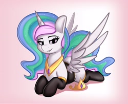 Size: 2820x2288 | Tagged: safe, artist:andelai, princess celestia, alicorn, pony, g4, black socks, clothes, crown, female, gradient background, high res, jewelry, looking at you, lying down, mare, prone, regalia, smiling, smiling at you, socks, solo, spread wings, wings