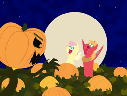 Size: 2848x2160 | Tagged: safe, anonymous artist, big macintosh, fluttershy, earth pony, pegasus, pony, series:fm holidays, g4, alternate hairstyle, crossover, female, full moon, great pumpkin, halloween, halloween 2024, high res, holiday, hooves in air, it's the great pumpkin charlie brown!, male, mare, monster, moon, night, open mouth, open smile, outdoors, peanuts, pointy ponies, pumpkin, pumpkin patch, robot chicken, screaming, ship:fluttermac, shipping, short mane, smiling, stallion, straight, varying degrees of want