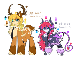 Size: 3308x2590 | Tagged: safe, artist:焰心fireworks, oc, oc:夕霞•焰心, oc:晨辉•焰心, deer, deer pony, hybrid, original species, succubus, succubus pony, female, male, reference sheet