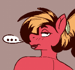 Size: 692x645 | Tagged: safe, artist:gayplantsex, big macintosh, earth pony, anthro, g4, ..., brown background, lipstick, looking at you, looking back, looking back at you, macareina, ponytail, rule 63, simple background, solo, speech bubble