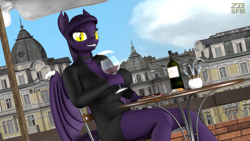 Size: 3840x2160 | Tagged: safe, artist:zgsfm, oc, oc only, oc:grape wine, bat pony, anthro, 3d, alcohol, big breasts, bottle, breasts, chair, city, clothes, female, intersex, outdoors, sky, solo, table, town, umbrella, wine, wine bottle