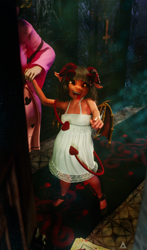 Size: 2332x3979 | Tagged: safe, artist:hevexy, oc, oc only, oc:akiko, oc:manami, demon, succubus, anthro, plantigrade anthro, 3d, anthro oc, blender, child, clothes, cute, dress, duo, duo female, elf ears, fangs, female, freckles, grin, hell, holding, holding hands, horns, indoors, looking at you, mother and child, mother and daughter, night, open mouth, pointing, smiling, tongue out, wings