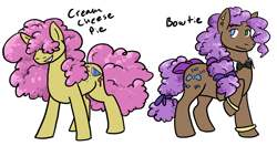 Size: 1626x860 | Tagged: safe, artist:moonstruck-badger, oc, oc only, oc:bowtie, oc:cream cheese pie, earth pony, pony, bowtie, bracelet, duo, grin, hair over eyes, heterochromia, jewelry, male, name, nonbinary, offspring, parent:cheese sandwich, parent:pinkie pie, parents:cheesepie, siblings, simple background, smiling, stallion, white background