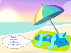 Size: 3202x2392 | Tagged: safe, artist:memeartboi, pony, unicorn, g4, beach, beach towel, beach umbrella, beautiful, cute, eyes closed, female, heart, horn, lying down, mare, nicole watterson, outdoors, ponified, relaxed, relaxing, relieved, sand, solo, speech bubble, sun, sunbathing, sunset, text, the amazing world of gumball, unicorn horn