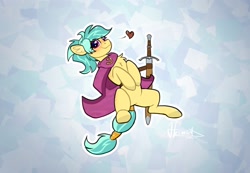 Size: 2392x1652 | Tagged: safe, artist:helmie-art, oc, oc only, oc:karoline skies, earth pony, pony, abstract background, chest fluff, clothes, female, freckles, heart, mare, smiling, solo, sword, weapon