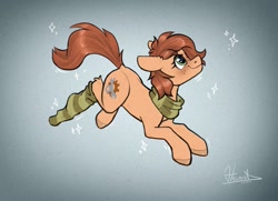 Size: 1801x1306 | Tagged: safe, artist:helmie-art, oc, oc only, oc:rusty gears, earth pony, pony, clothes, female, freckles, mare, scarf, smiling, socks, solo, striped scarf, striped socks