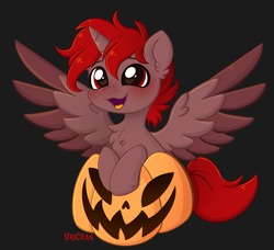 Size: 1585x1446 | Tagged: safe, artist:urichan, oc, oc:hardy, alicorn, pony, blushing, chest fluff, halloween, happy, heart, heart eyes, holiday, male, open mouth, pumpkin, solo, spread wings, stallion, wingding eyes, wings