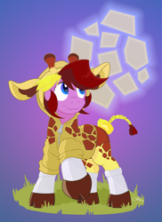 Size: 1200x1646 | Tagged: safe, artist:stec-corduroyroad, derpibooru exclusive, oc, oc:corduroy road, earth pony, giraffe, mlp fim's fourteenth anniversary, clothes, costume, earth pony oc, halloween, halloween costume, holiday, hoodie, male, moon, nightmare night, ossicones, shorts, simple background, socks, solo, stallion, stallion oc