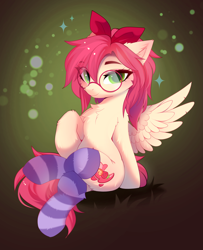 Size: 3301x4059 | Tagged: safe, artist:empress-twilight, oc, oc only, oc:strawberry splash, pegasus, pony, belly, belly button, blushing, bow, cheek fluff, chest fluff, clothes, commission, crossed hooves, crossed legs, ear fluff, eye clipping through hair, eyebrows, eyebrows visible through hair, female, glasses, hair bow, looking at you, mare, pegasus oc, sitting, smiling, smiling at you, socks, solo, sparkles, striped socks, tail, wings, ych result