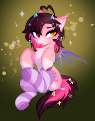 Size: 3680x4698 | Tagged: safe, artist:empress-twilight, oc, oc only, oc:key mash, bat pony, pony, :p, bat pony oc, bat wings, belly, cheek fluff, chest fluff, clothes, commission, ear fluff, ear tufts, eye clipping through hair, eyebrows, eyebrows visible through hair, fangs, female, heterochromia, mare, slit pupils, smiling, socks, solo, sparkles, spread wings, striped socks, tail, tongue out, wings, ych result