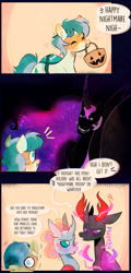 Size: 1371x2847 | Tagged: safe, artist:sockiepuppetry, nightmare moon, ocellus, pharynx, sandbar, alicorn, changedling, changeling, earth pony, pony, g4, comic, disguise, disguised changeling, female, male, scared, stallion, swirly eyes, teenager