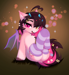 Size: 3556x3901 | Tagged: safe, artist:empress-twilight, oc, oc only, oc:key mash, bat pony, pony, bat pony oc, bat wings, butt, cheek fluff, chest fluff, clothes, commission, dock, ear fluff, ear tufts, eye clipping through hair, eyebrows, eyebrows visible through hair, fangs, female, heterochromia, hooves together, legs in air, looking at you, mare, open mouth, open smile, plot, slit pupils, smiling, smiling at you, socks, solo, sparkles, spread wings, striped socks, tail, wings, ych result