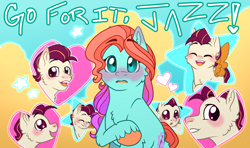 Size: 3850x2275 | Tagged: safe, artist:jdash15, jazz hooves, rocky riff, earth pony, pegasus, pony, g5, blushing, caption, duo, duo male and female, female, go for it nakamura!!, male, mare, ship:rockjazz, shipping, stallion, straight, text