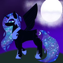 Size: 2048x2048 | Tagged: safe, artist:candy breeze, nightmare moon, alicorn, pony, mlp fim's fourteenth anniversary, g4, full moon, horn, jewelry, moon, night, night background, nightmare night, outdoors, regalia, sky background, wings