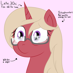 Size: 2000x2000 | Tagged: safe, artist:mariculture, oc, oc only, oc:happy heartsong, pony, unicorn, bust, female, glasses, horn, mare, pink background, simple background, solo, text, unicorn oc