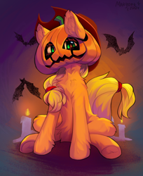 Size: 980x1200 | Tagged: safe, artist:margony, applejack, earth pony, pony, g4, halloween, halloween 2024, holiday, pumpkin, solo