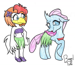 Size: 1400x1250 | Tagged: safe, artist:bageloftime, ocellus, bird, chicken, g4, bra, clothes, crossover, cute, duo, duo female, eto ranger (anime), female, flower, flower in hair, grass skirt, hula, makeup, shoes, skirt, smiling, tart (eto ranger), traditional art, underwear