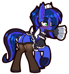 Size: 2036x2175 | Tagged: safe, artist:chiefywiffy, oc, oc only, oc:guard cobalt flash, bat pony, pony, bat pony oc, blushing, clothes, commission, crossdressing, duster, fishnet clothing, fishnet stockings, maid, male, mouth hold, raised hoof, simple background, solo, stockings, thigh highs, transparent background, ych result