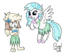 Size: 1400x1165 | Tagged: safe, artist:bageloftime, silverstream, dog, g4, animal, clothes, crossover, duo, eto ranger (anime), flower, flower in hair, grass skirt, pochiro (eto ranger), skirt