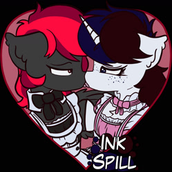 Size: 1576x1581 | Tagged: safe, artist:kranonetwork, oc, oc:ink spill, pegasus, pony, unicorn, semi-anthro, clothes, duo, ear fluff, french kiss, heart, horn, kissing, maid, uniform