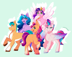 Size: 1280x1016 | Tagged: safe, artist:sunnysynopsis, hitch trailblazer, izzy moonbow, pipp petals, sunny starscout, zipp storm, earth pony, pegasus, pony, unicorn, g5, blue mane, blue tail, braid, brown eyes, brown hooves, coat markings, colored hooves, concave belly, crown, cyan eyes, female, flying, folded wings, gold hooves, green background, green eyes, hooves, horn, jewelry, looking at you, magenta hooves, male, mane five, mare, multiple characters, orange coat, pose, purple coat, purple eyes, purple mane, purple tail, regalia, signature, silver hooves, simple background, socks (coat markings), spread wings, stallion, tail, three toned wings, two toned mane, two toned tail, unshorn fetlocks, wings, yellow coat