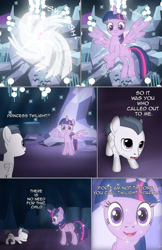 Size: 1989x3072 | Tagged: safe, artist:anonymousandrei, derpibooru exclusive, rumble, tree of harmony, twilight sparkle, alicorn, pegasus, pony, comic:rumble and the tree of harmony, g4, bowing, cave, colt, comic, dialogue, female, foal, male, mare, talking, treelight sparkle, twilight sparkle (alicorn)