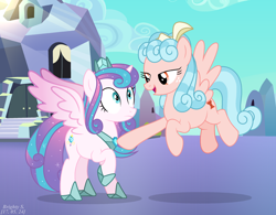 Size: 2388x1864 | Tagged: safe, artist:brightness-sentryyt, cozy glow, princess flurry heart, alicorn, pegasus, pony, g4, a better ending for cozy, base used, crystal empire, dialogue in the description, flying, manipulation, older, older cozy glow, older flurry heart, outdoors, pointing, story included, what if