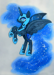 Size: 931x1280 | Tagged: safe, artist:puppofriendo, nightmare moon, alicorn, pegasus, pony, mlp fim's fourteenth anniversary, g4, armor, concave belly, constellation, constellation hair, ethereal mane, ethereal tail, fanart, long legs, magic, nightmare night, on hind legs, pencil, prismacolors, slender, solo, sparkles, starry mane, starry tail, stars, tail, thin, wings