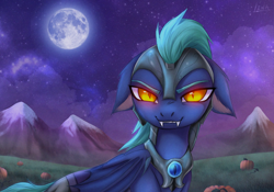 Size: 2000x1402 | Tagged: safe, alternate version, artist:lina, oc, oc only, bat pony, bat pony oc, bat wings, detailed background, evil smile, floppy ears, halloween, holiday, looking at you, moon, mountain, night, outdoors, pumpkin, smiling, smiling at you, solo, tree, wings