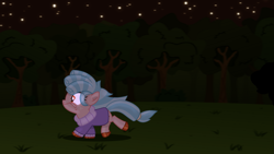 Size: 2035x1145 | Tagged: safe, artist:jen-neigh, artist:mlpadventures2020, cozy glow, g4, base used, clothes, forest, hooves, missing wing, nature, night, outdoors, running, running away, scared, tree, wingless, winter outfit