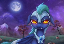 Size: 2000x1402 | Tagged: safe, alternate version, artist:lina, oc, oc only, bat pony, bat pony oc, bat wings, detailed background, evil smile, floppy ears, halloween, holiday, looking at you, moon, mountain, night, outdoors, pumpkin, smiling, smiling at you, solo, tree, wings