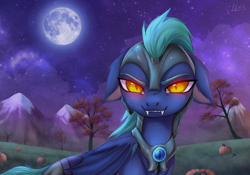 Size: 2000x1402 | Tagged: safe, alternate version, artist:lina, oc, oc only, bat pony, bat pony oc, bat wings, detailed background, evil smile, floppy ears, halloween, holiday, looking at you, moon, mountain, night, outdoors, pumpkin, smiling, smiling at you, solo, tree, wings