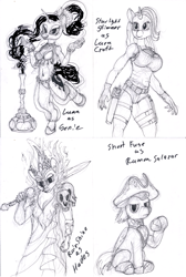 Size: 805x1200 | Tagged: safe, artist:sepiakeys, princess luna, rain shine, short fuse, starlight glimmer, kirin, anthro, g4, clothes, costume, hades, jeannie, lara croft, monochrome, nightmare night costume