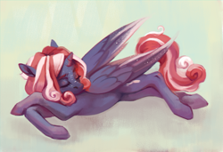 Size: 1800x1229 | Tagged: safe, artist:weird--fish, oc, oc only, oc:hidey, pegasus, pony, abstract background, belly, blue coat, colored wings, eyes closed, facial freckles, female, folded wings, freckles, full body, horn, large wings, lying down, mare, not an alicorn, on side, pegasus oc, sleeping, slender, solo, tail, thin, two toned mane, two toned tail, two toned wings, wings