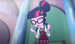 Size: 2075x1210 | Tagged: safe, screencap, sci-twi, twilight sparkle, human, equestria girls, g4, my little pony equestria girls: friendship games, clothes, crystal prep academy, crystal prep academy uniform, eyes closed, female, glasses, hair bun, indoors, necktie, pillar, pleated skirt, sad, school tie, school uniform, schoolgirl, singing, skirt, solo, uniform, what more is out there