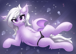 Size: 3400x2450 | Tagged: safe, artist:gaffy, oc, oc:willow aurora, bat pony, pony, abstract background, art trade, bat pony oc, bat wings, belly, belly button, black panties, black underwear, chest fluff, clothes, ear fluff, female, lying, lying down, mare, on side, panties, solo, underwear, wings