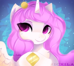 Size: 2048x1836 | Tagged: safe, artist:nicxila, princess celestia, alicorn, pony, g4, abstract background, female, gradient background, looking at you, mare, pink-mane celestia, solo, young celestia