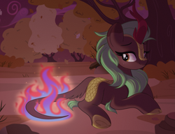 Size: 2319x1779 | Tagged: safe, artist:emberslament, derpibooru exclusive, cinder glow, summer flare, kirin, g4, autumn, cinderbetes, commission, cozy, cute, female, heart, heart eyes, lying down, mundane utility, nirik fire, outdoors, prone, solo, tail, tail on fire, underhoof, wingding eyes