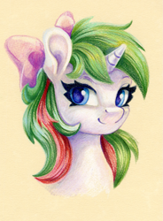 Size: 955x1300 | Tagged: safe, artist:maytee, gusty, pony, unicorn, g1, bust, colored pencil drawing, horn, portrait, smiling, solo, toned paper, traditional art